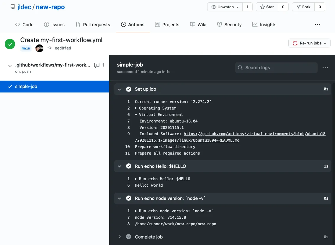 Screenshot of workflow run showing simple-job output