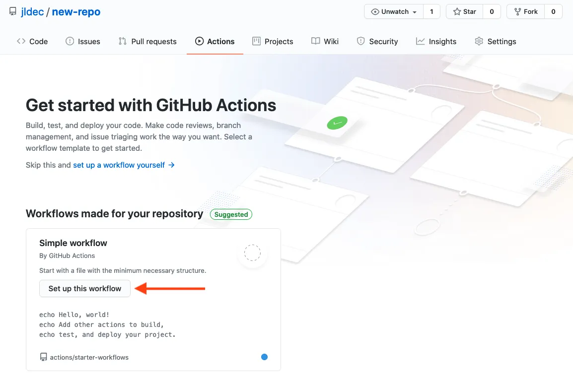 Screenshot of GitHub Actions tab on new repo, showing sample workflow