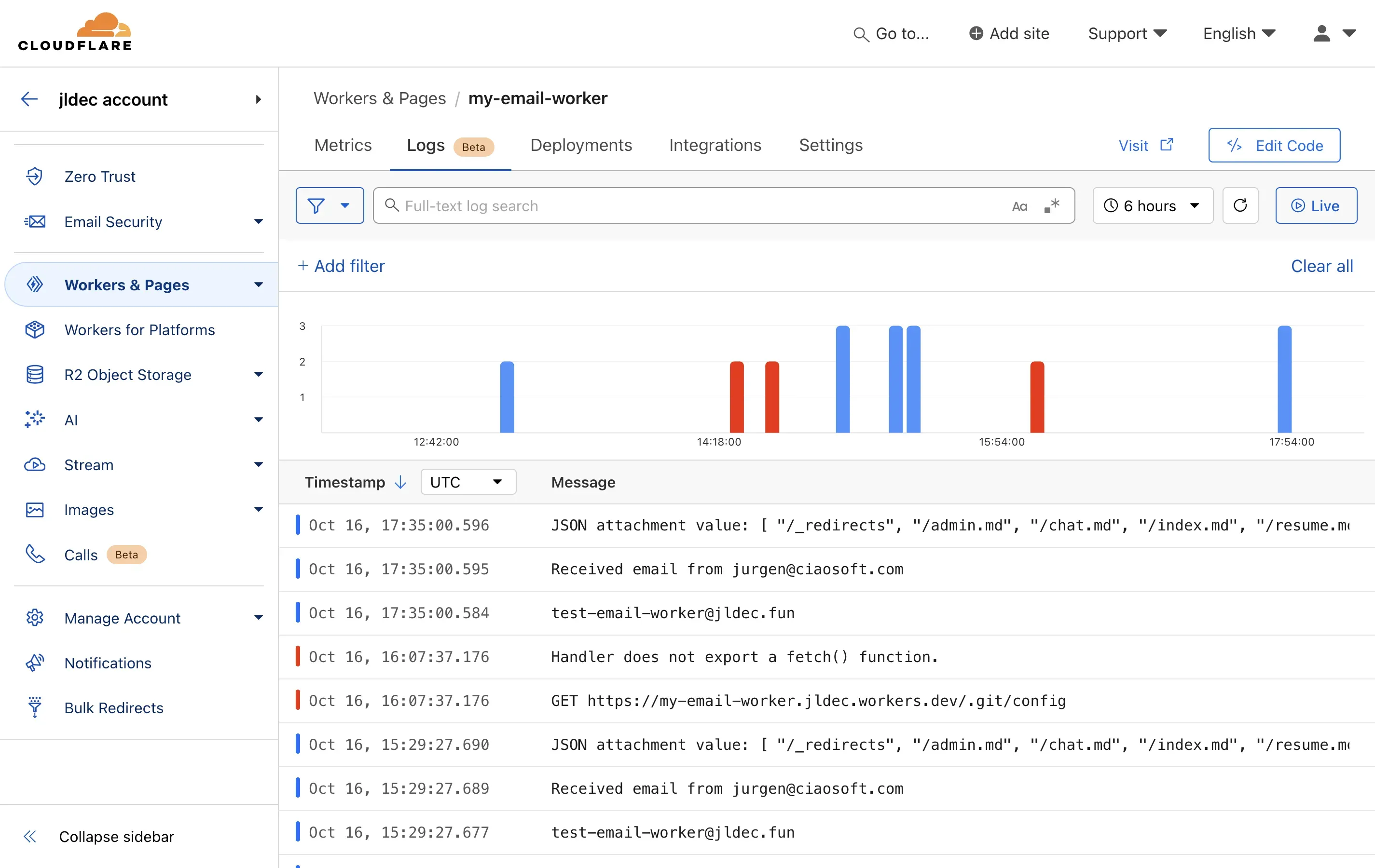 Screenshot of Email Workers logs