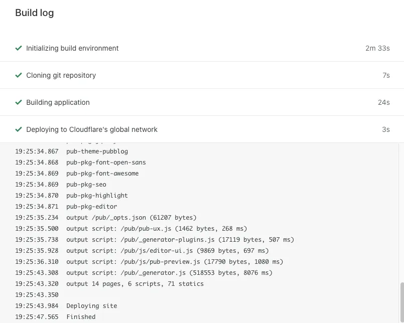 First build and deploy showing log