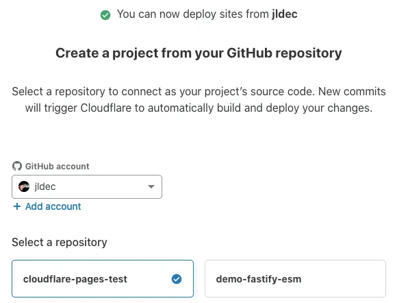 Select repo for the Cloudflare Pages project