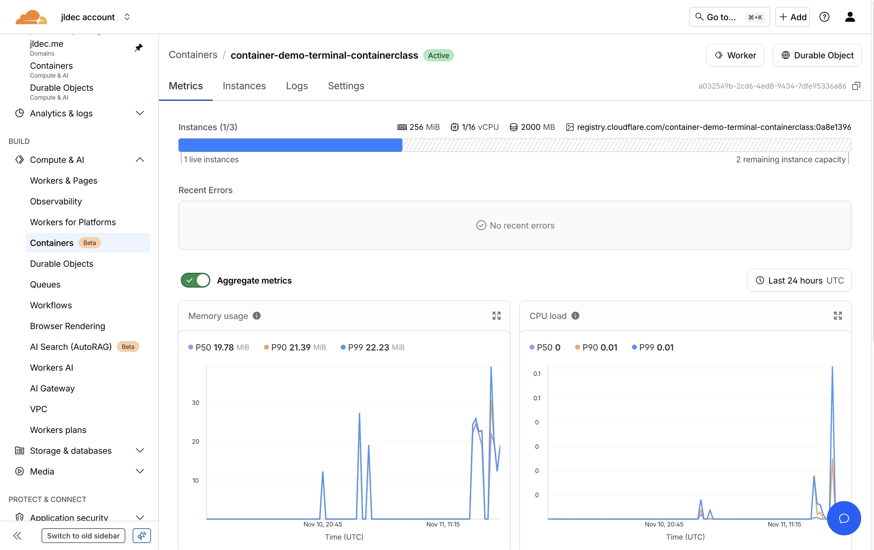 Cloudflare Container dashboard