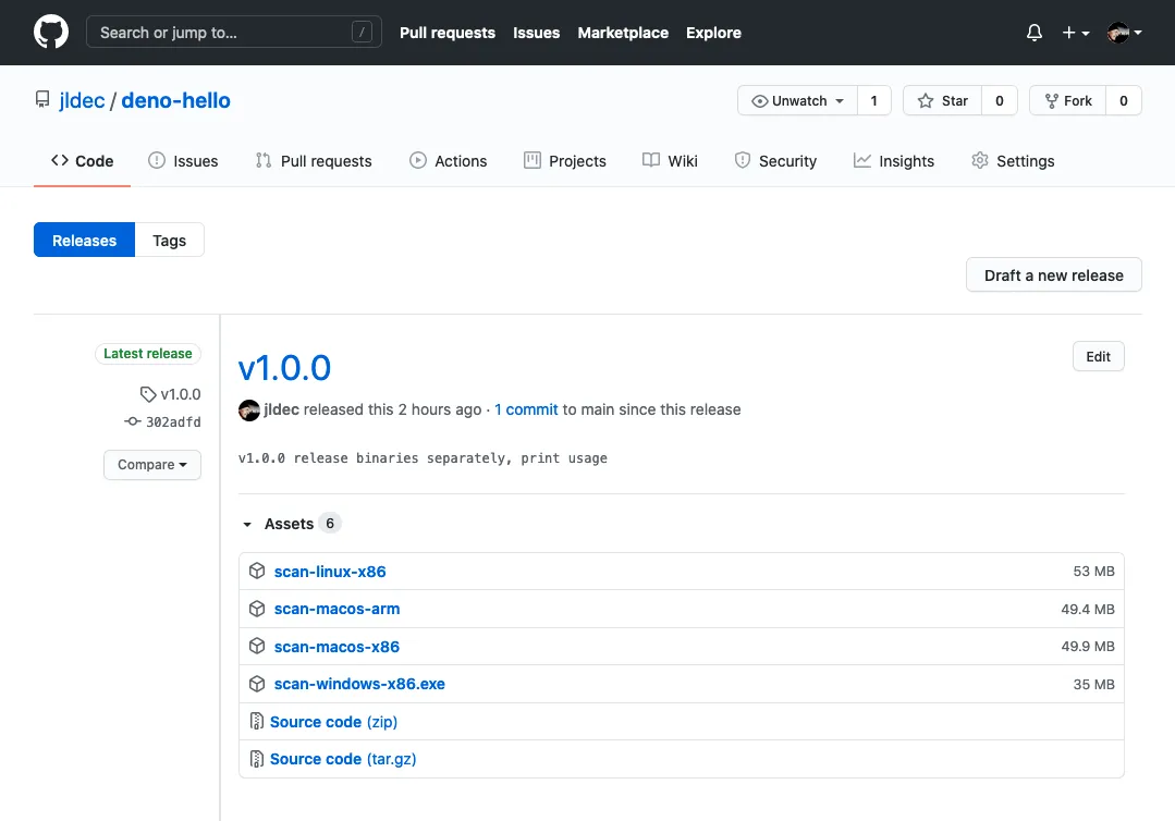 Releases with compiled artifacts in Repo deno-hello