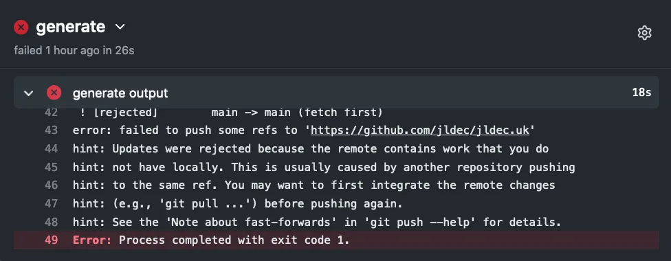 Screenshot of Github Actions log showing failed git push