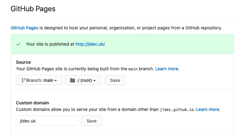 GitHub Pages settings