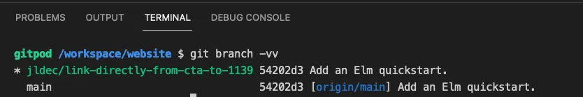 Screenshot of VS Code terminal in Gitpod workspace showing new git branch