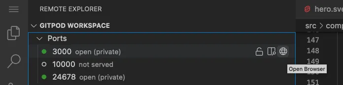Screenshot of VS Code Remote Explorer sidebar in Gitpod workspace showing open ports