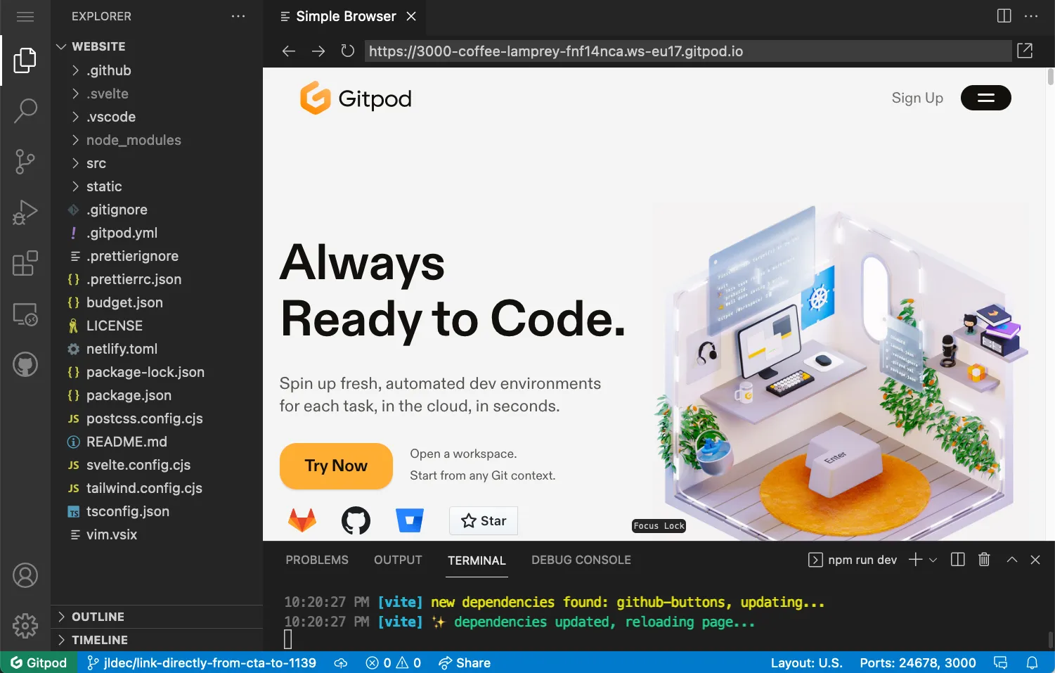 Screenshot of full VS Code window in Gitpod workspace