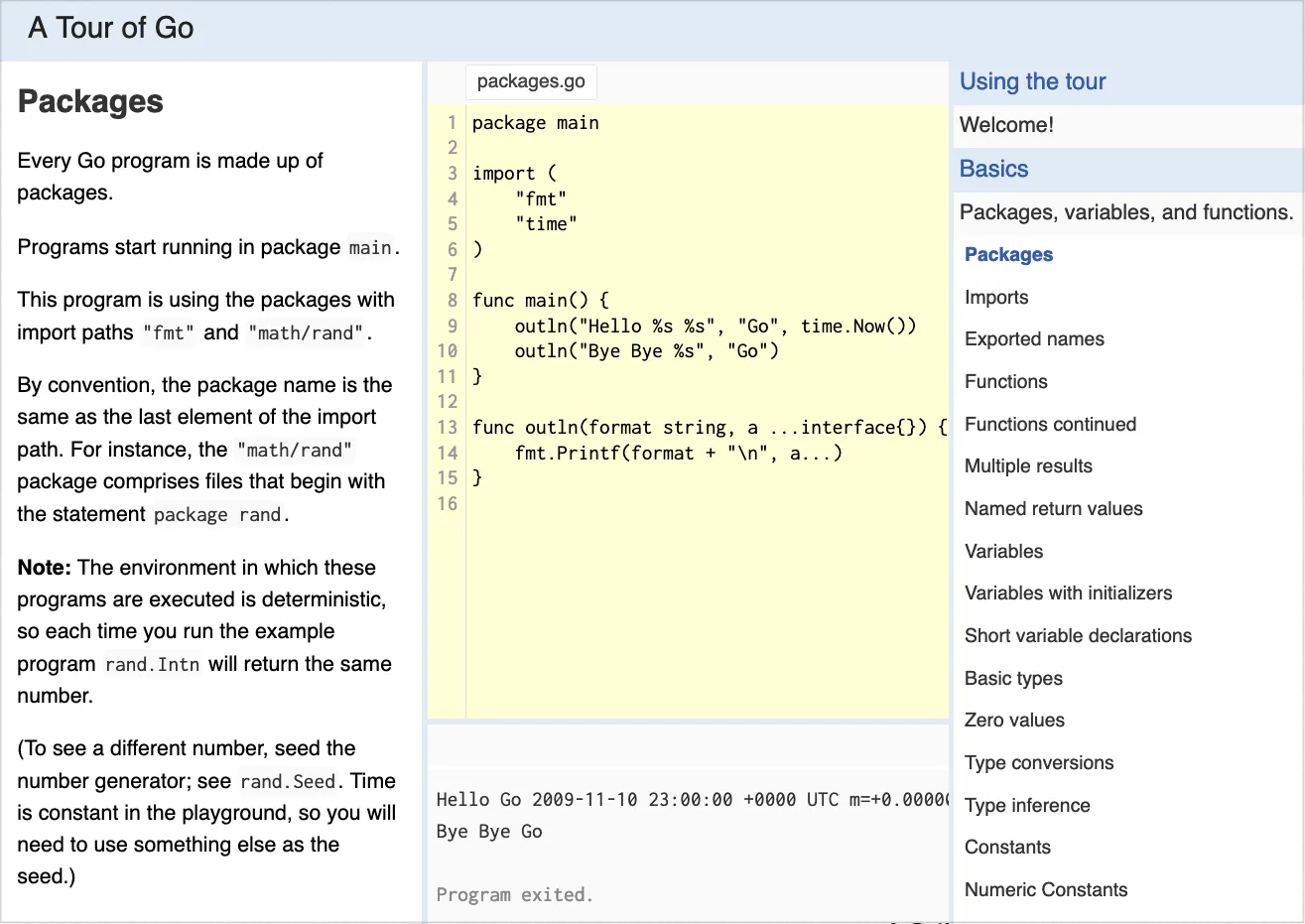 Screenshot of the Go Tour showing code and navigation