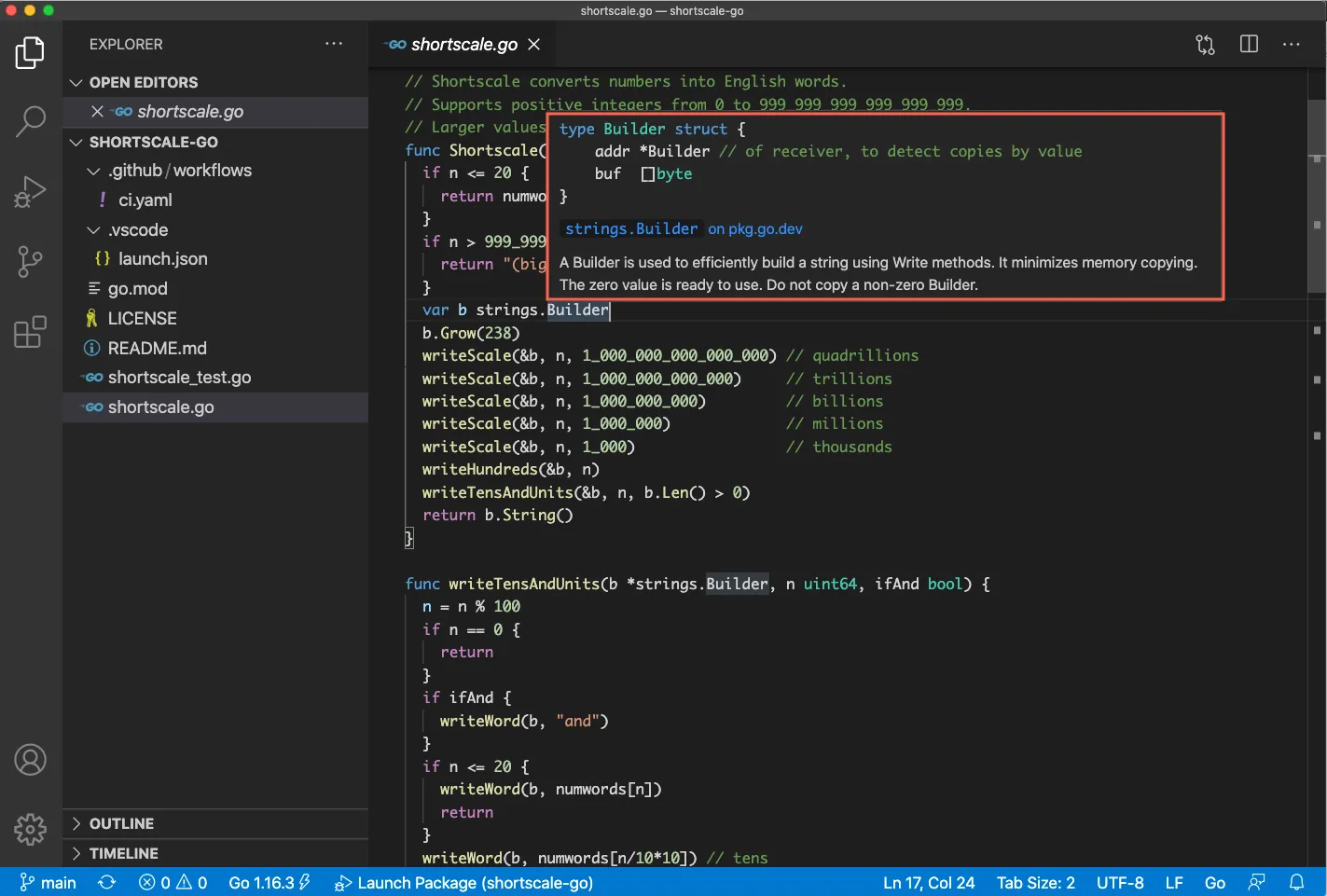 VS Code screenshot showing hover over strings.Builder