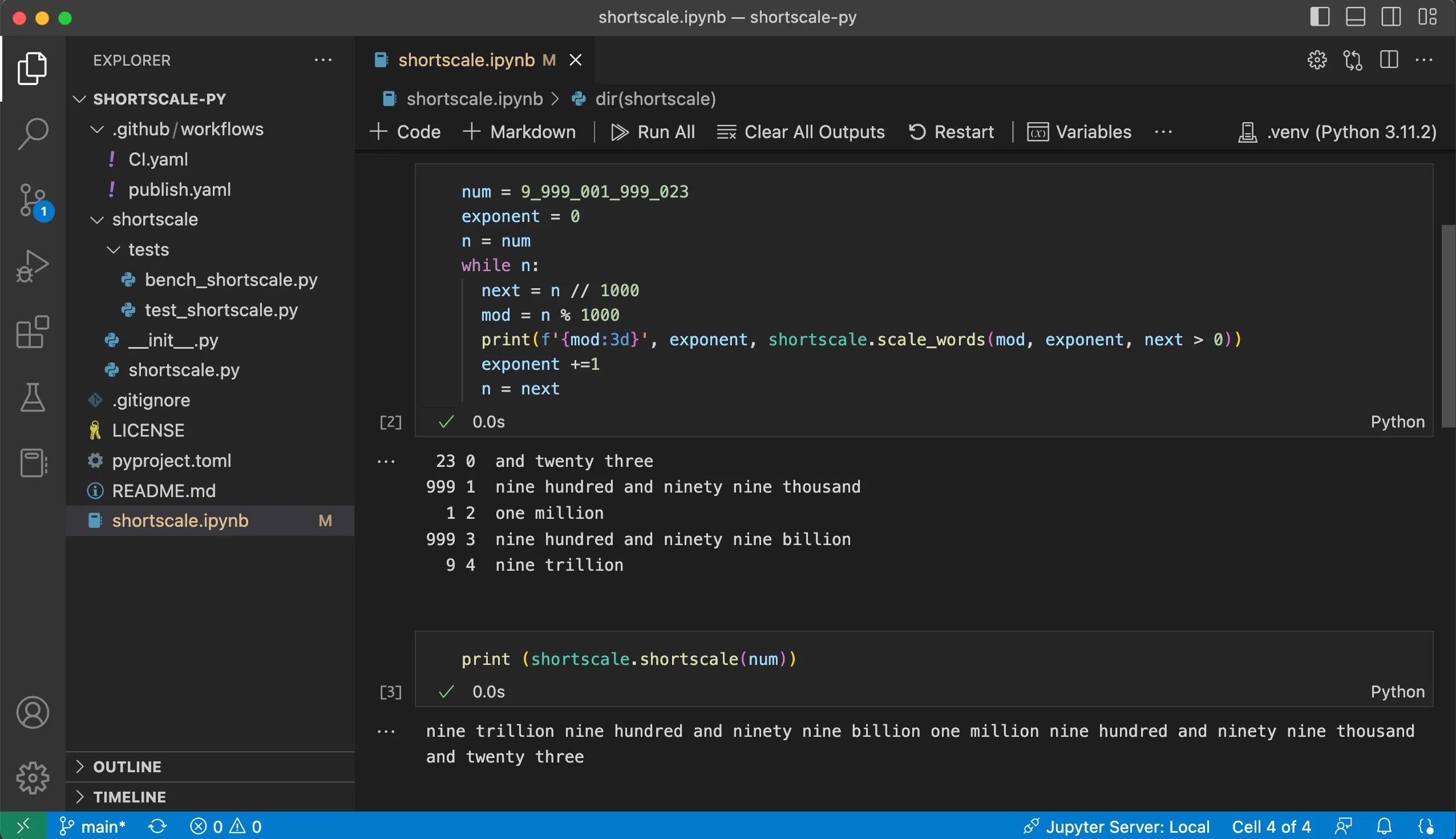 Screenshot of a Jupyter notebook in VS Code exploring shortscale