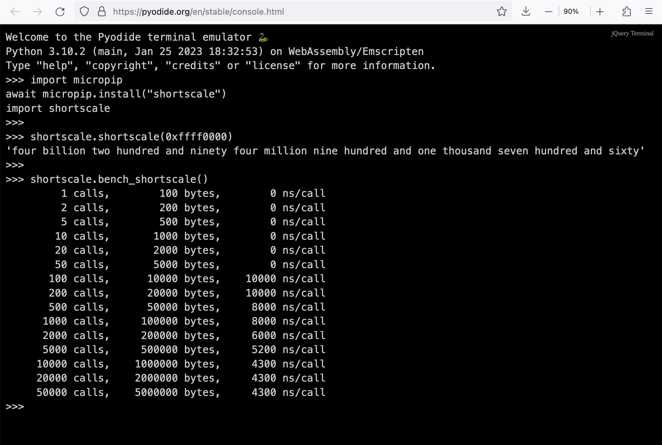 Screenshot of browser at https://pyodide.org/en/stable/console.html running shortscale