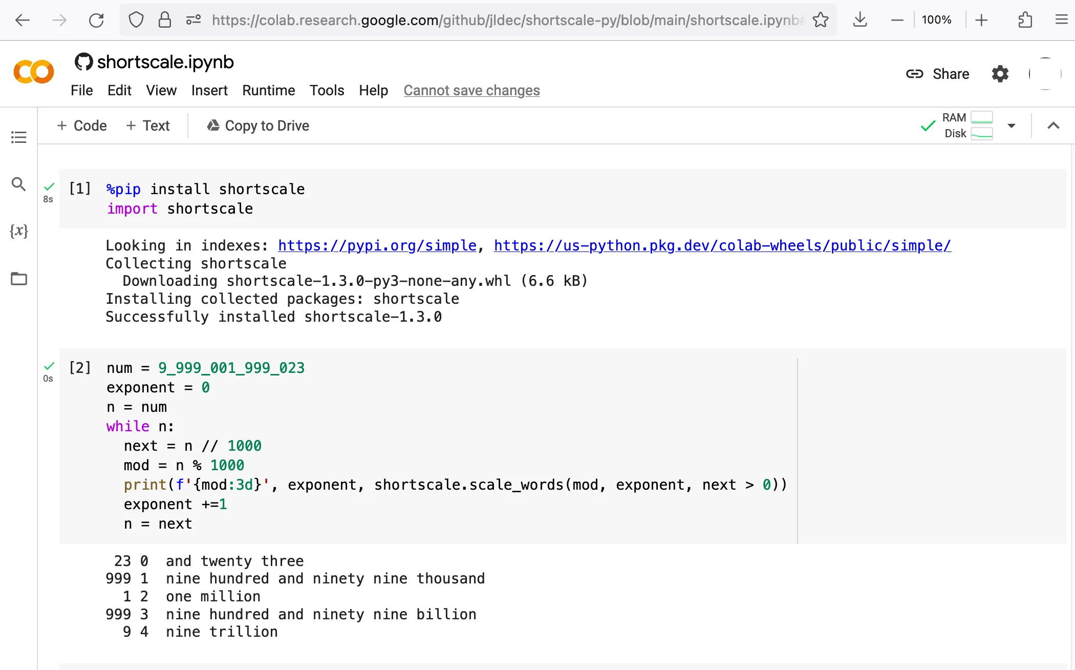 Screenshot of Google Colaboratory running at https://colab.research.google.com/github/jldec/shortscale-py/blob/main/shortscale.ipynb