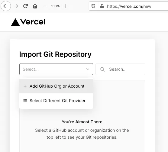 Vercel add GitHub account dropdown