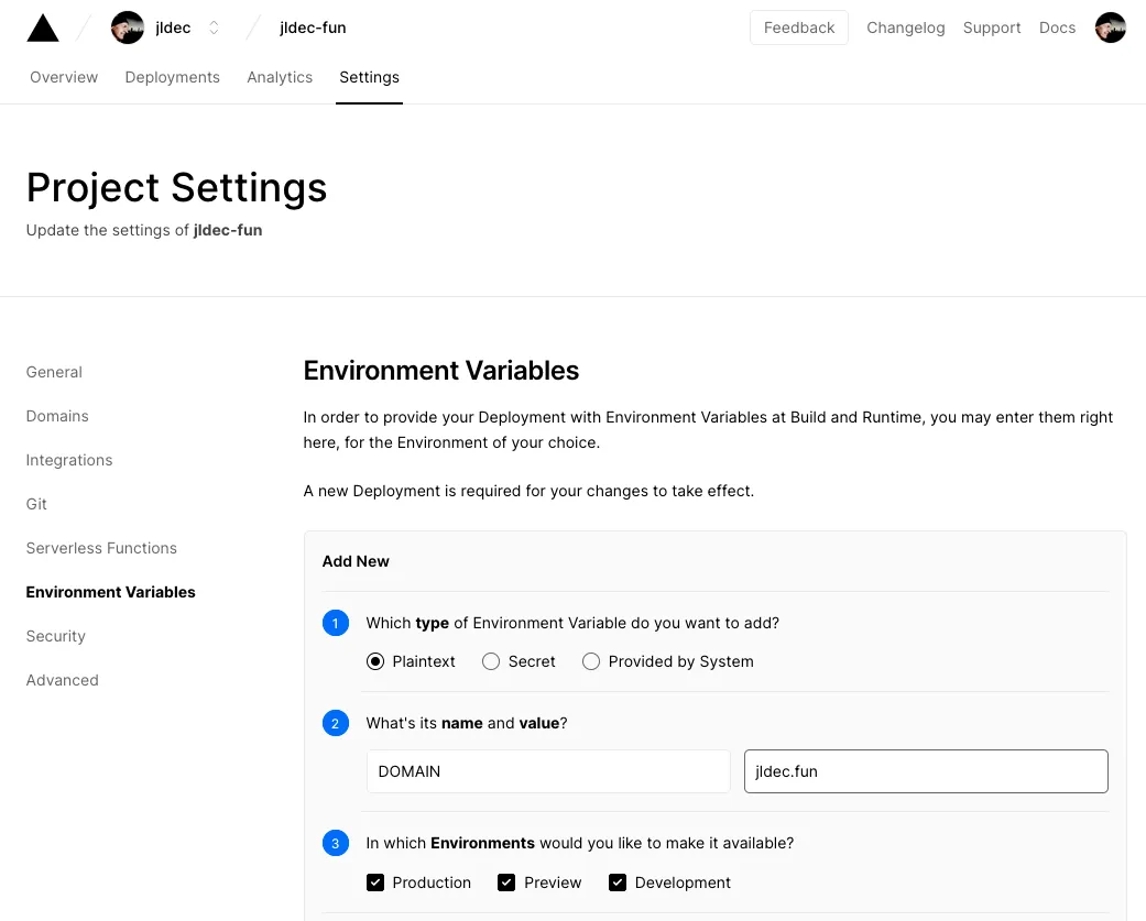 Dashboard environment settings