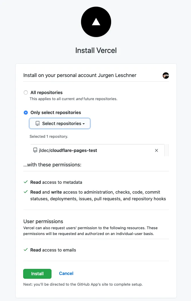 Authorize Vercel app on GitHub