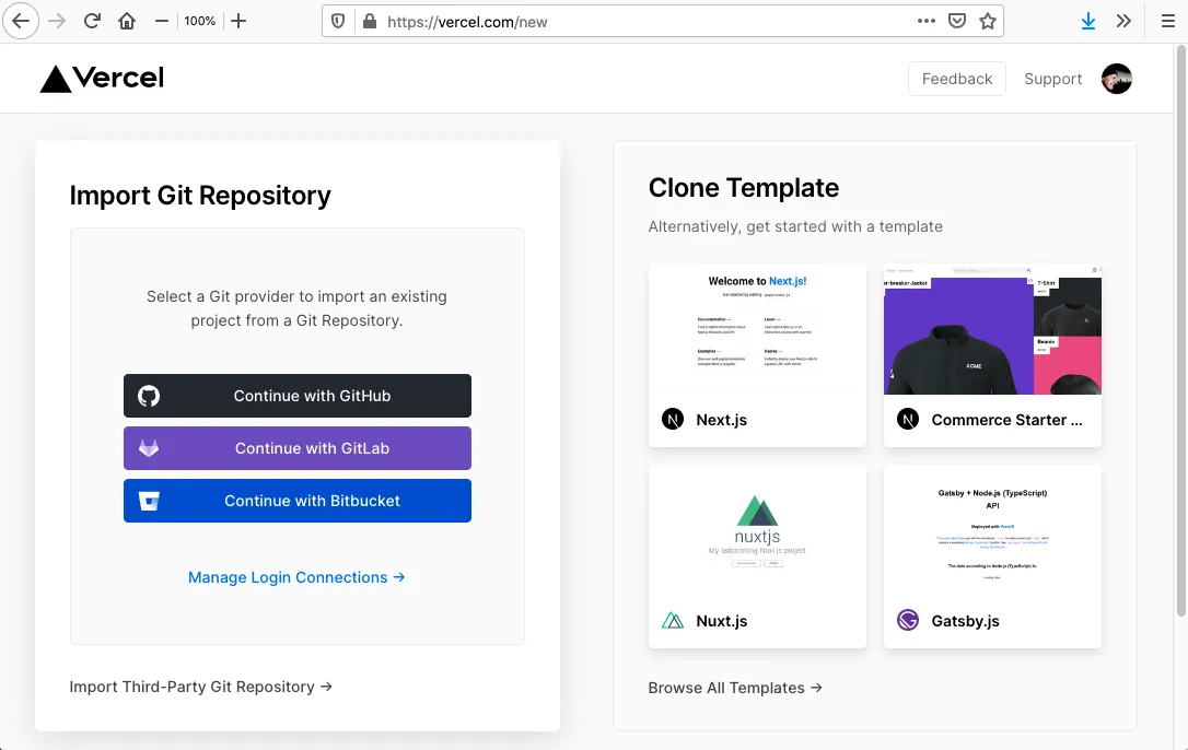 Vercel new project workflow with link to GitHub