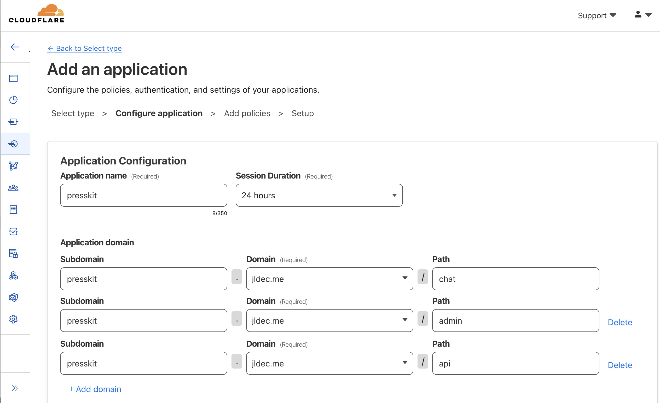 Screenshot of Zero Trust Application Configuration