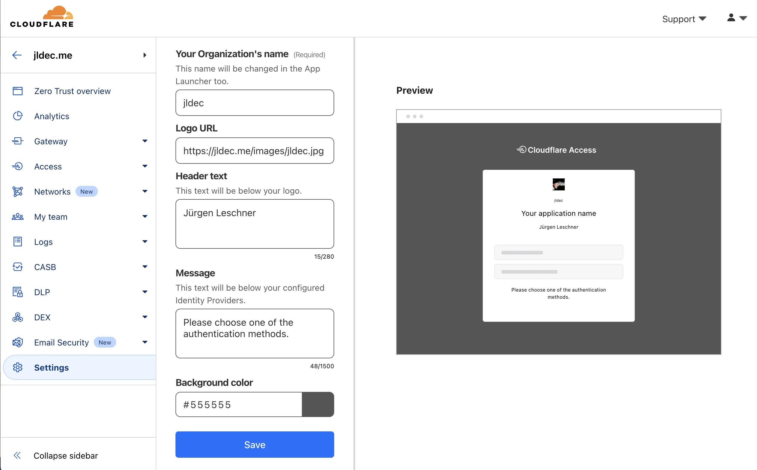 Screenshot of Zero Trust Custom Pages Login Page condfiguration