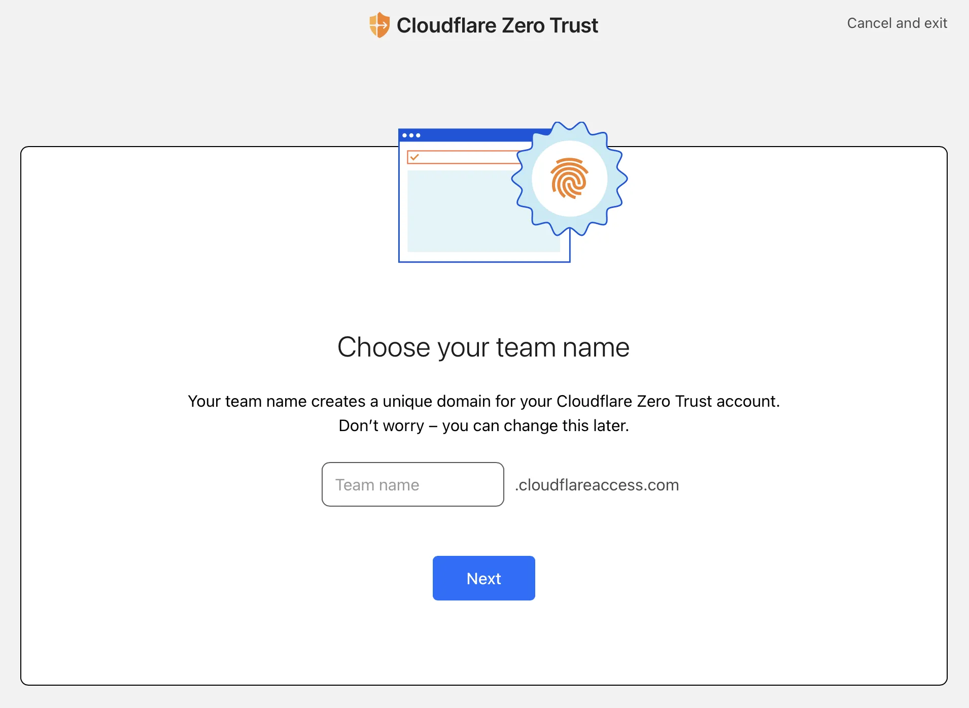 Screenshot of Zero Trust prompt for team name