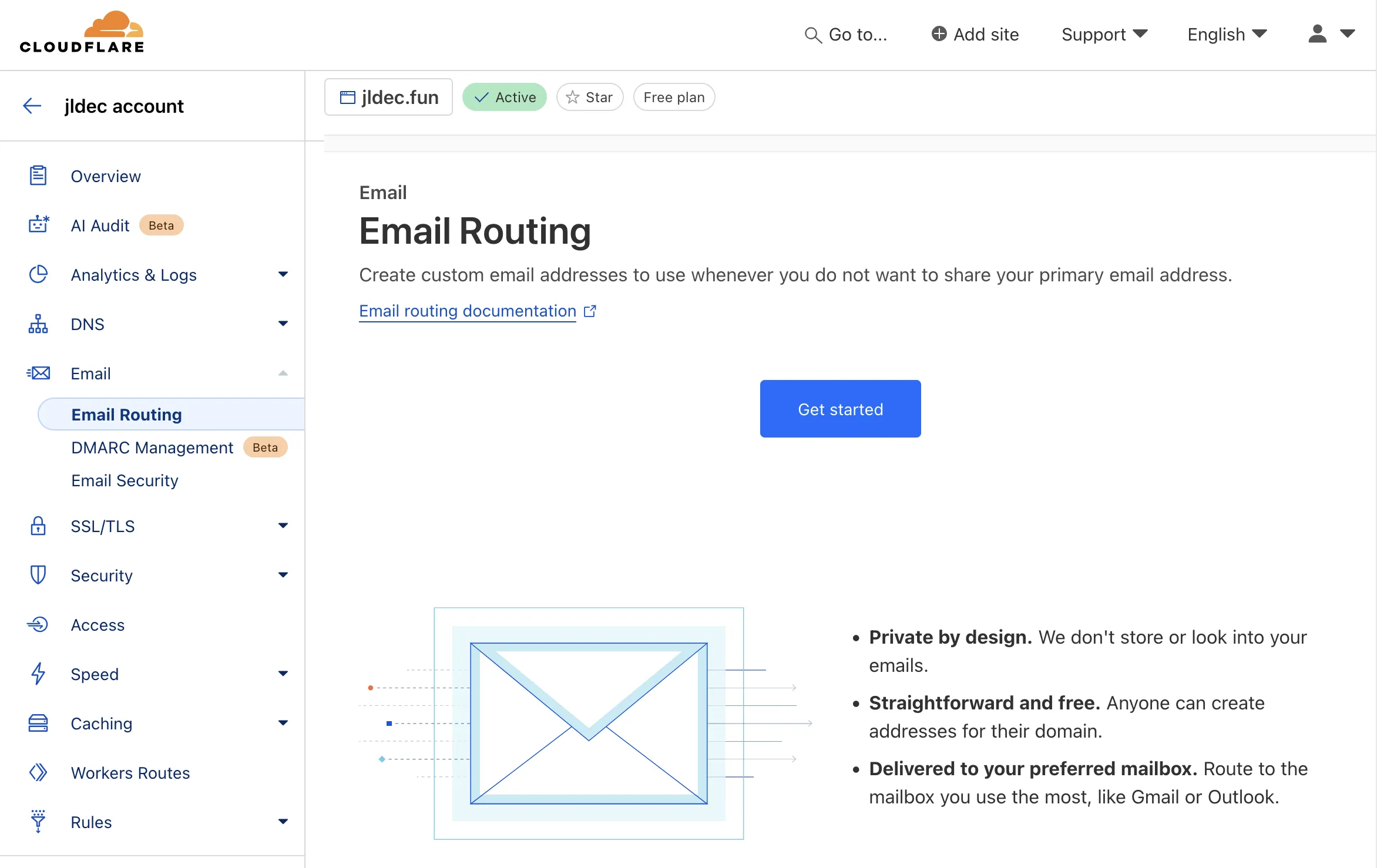 Screenshot of Email Routing page in the Cloudflare Dashboard