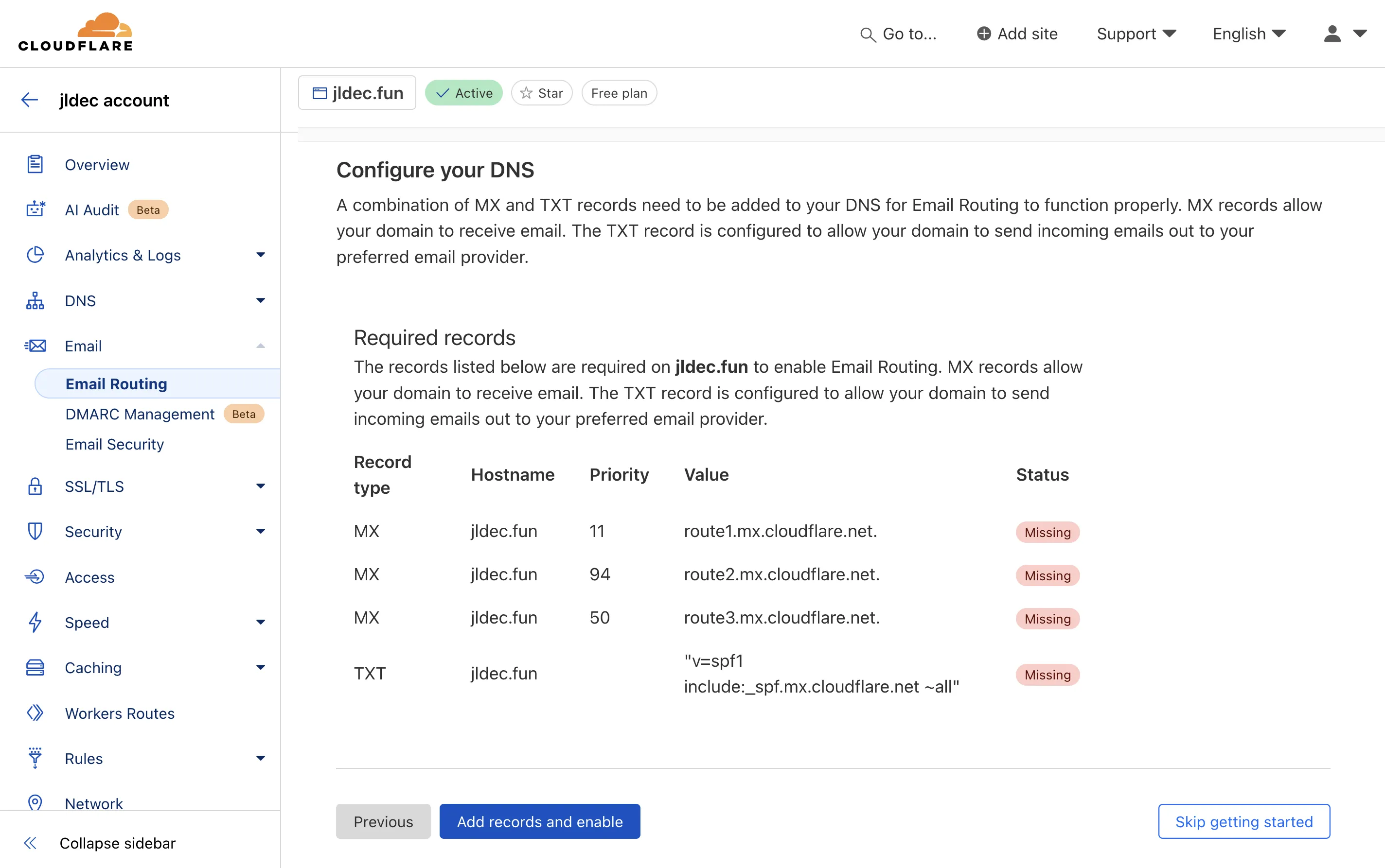 Screenshot of Email DNS configuration