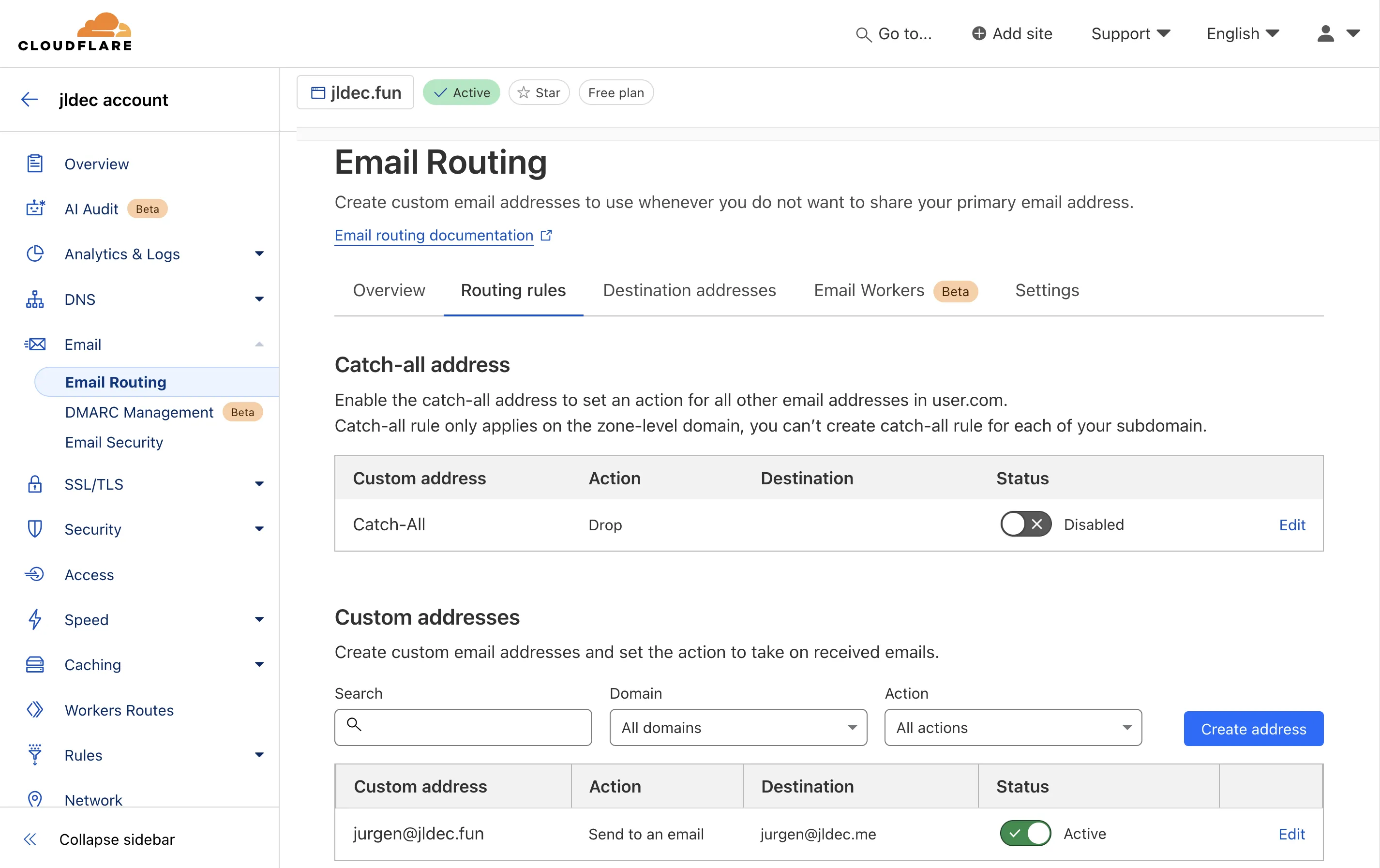 Screenshot of Email Routing Rules