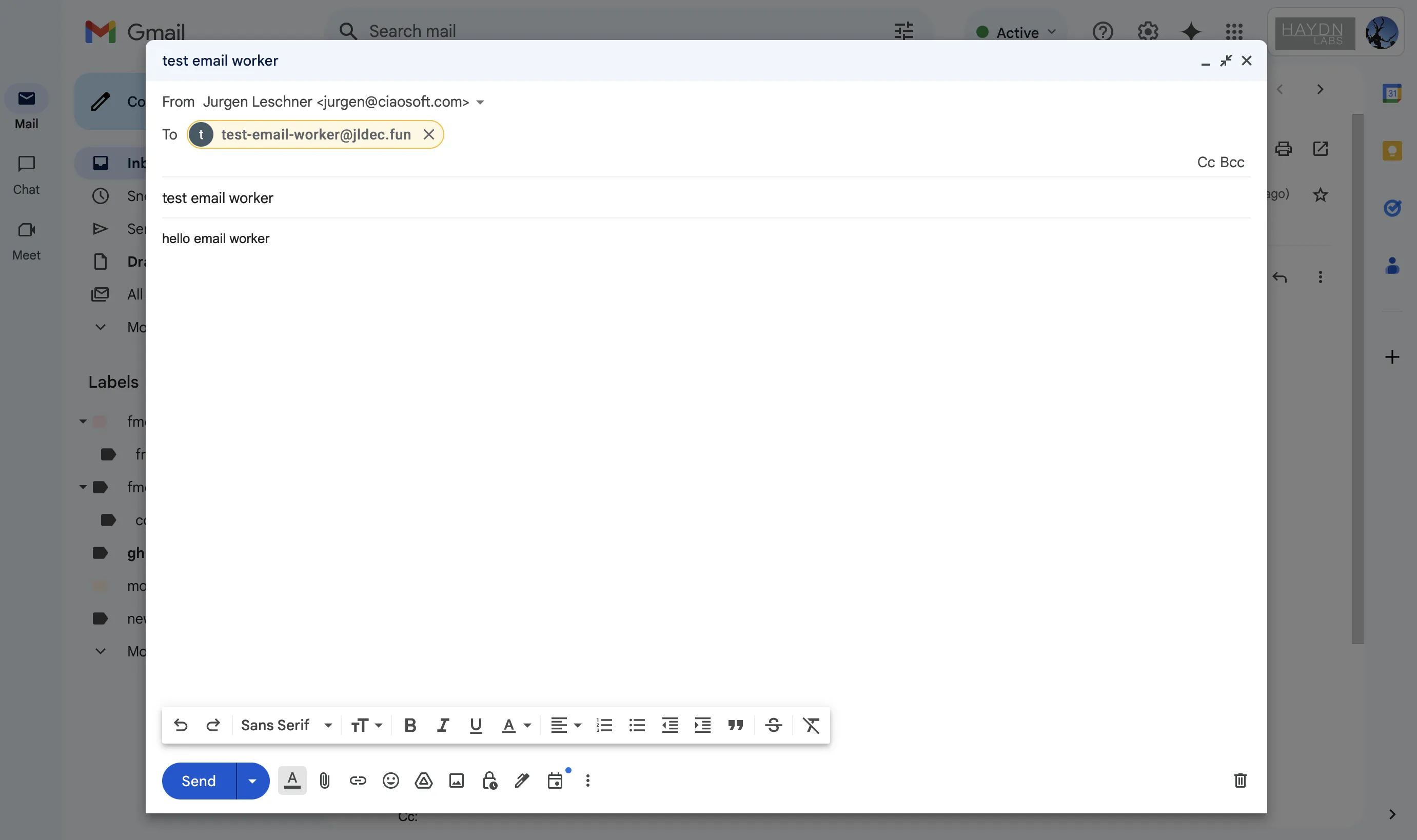 Screenshot of Email Workers test email