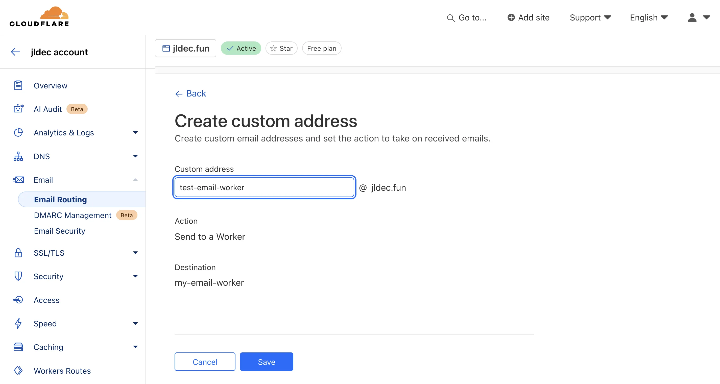 Screenshot of Email Workers custom address