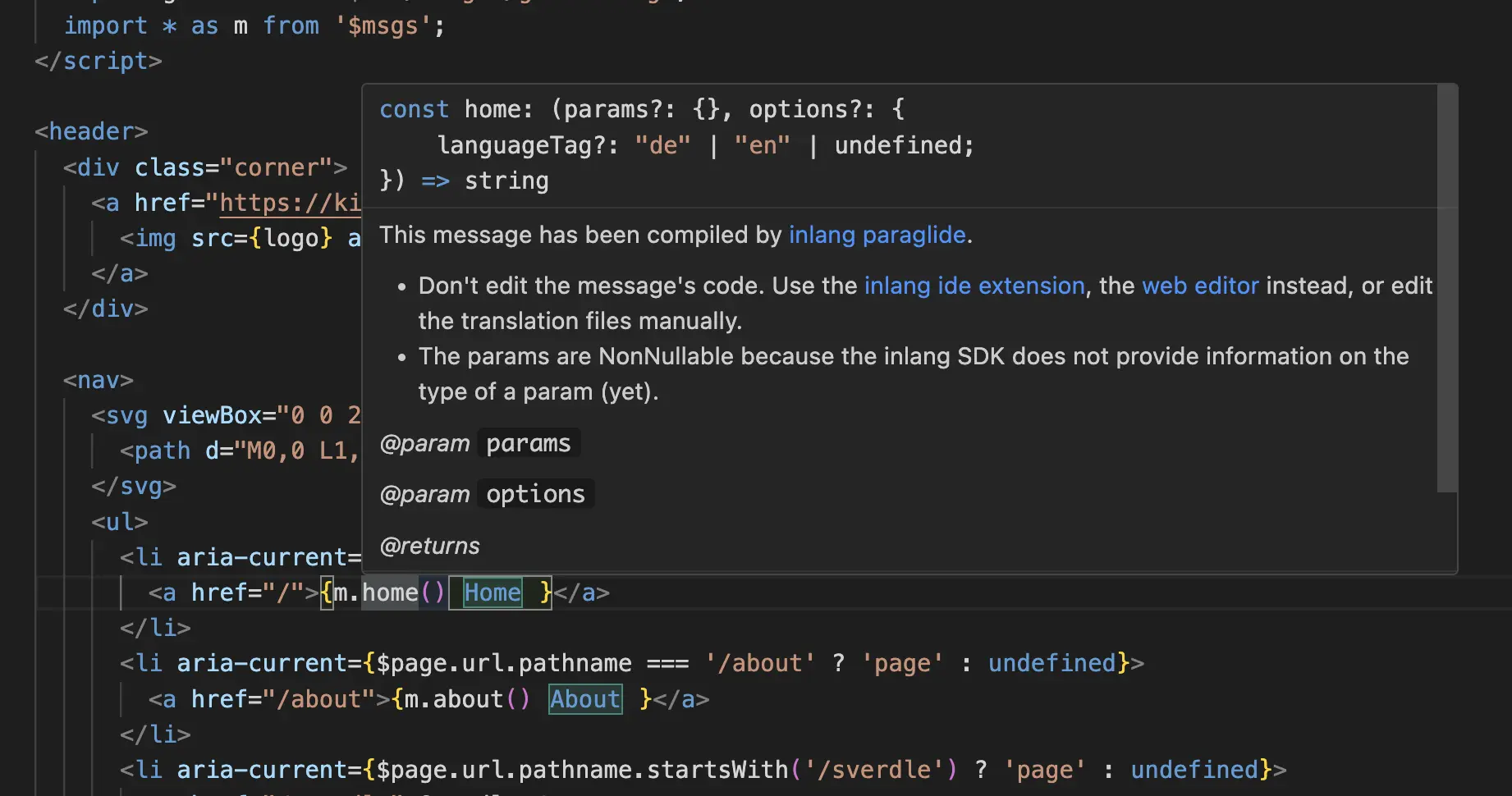 Screenshot of VS Code extension showing translated text